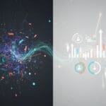Split image showing chaotic data visualization transforming into organized analytics with human decision-makers at the center, illustrating the difference between raw data and strategic insights.