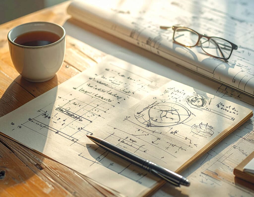 Notebook with handwritten notes, diagrams, and calculations on a desk, representing the process of thinking, testing ideas, and verifying information before drawing conclusions.