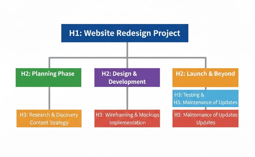 Diagram showing website heading hierarchy with one H1 at the top and supporting H2 and H3 subheadings underneath. Great for when people ask what is an h1 tag?
