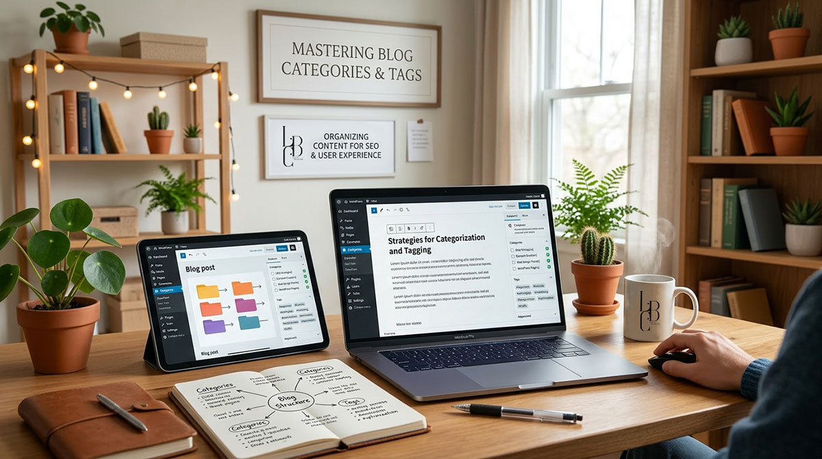 5 Signs Your WordPress Blog Categories and Tags Are Hurting Your SEO LBC Digital Collective desktop showing help understanding Wordpress blog categories and tags.