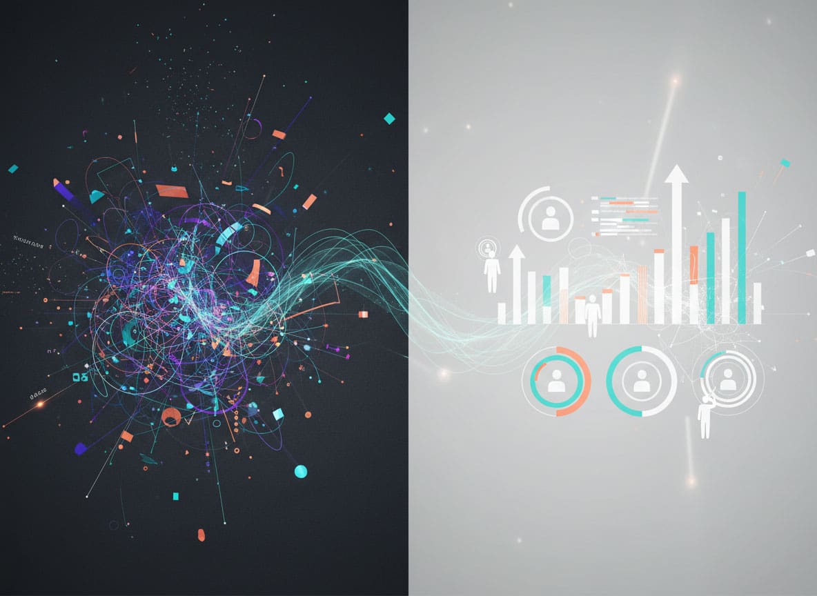 Split image showing chaotic data visualization transforming into organized analytics with human decision-makers at the center, illustrating the difference between raw data and strategic insights.